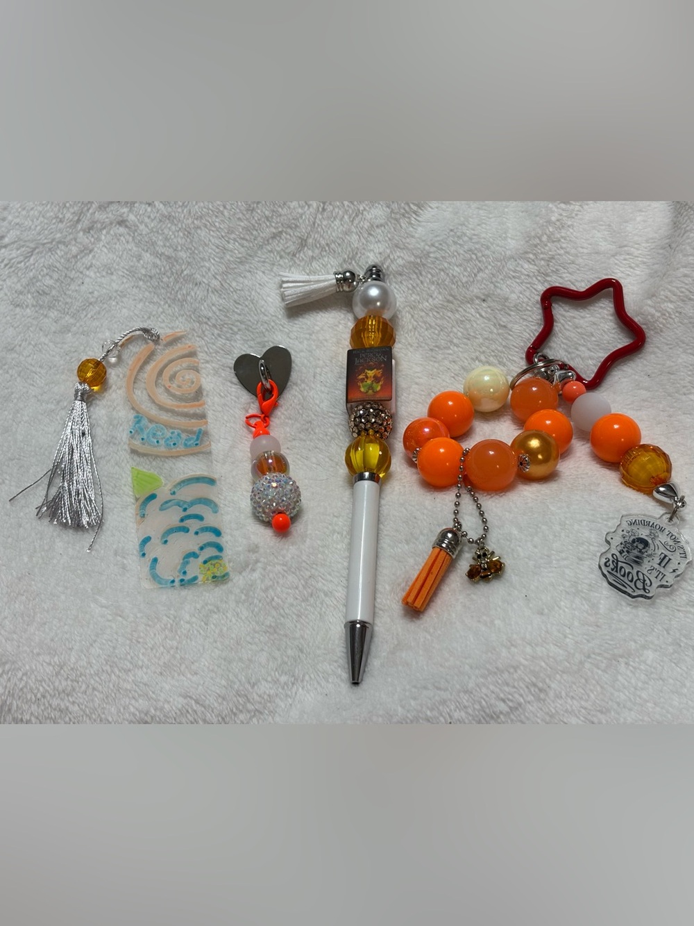 Handmade Orange Bead Keychain Bracelet, Pen, Bookmark, Charm Bundle